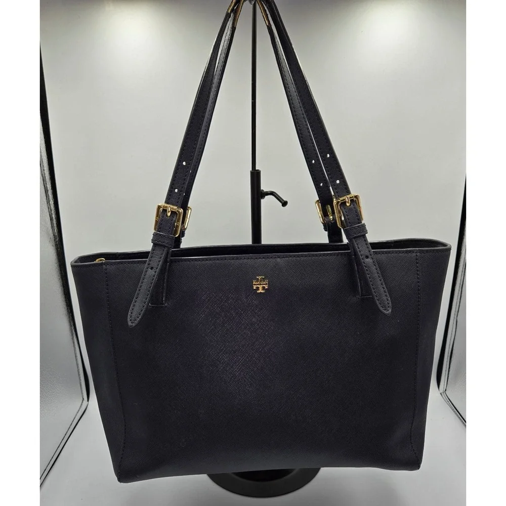 Tory Burch Navy Blue Leather Tote Bag Handbag‎ Purse Satchel Gold Hardware